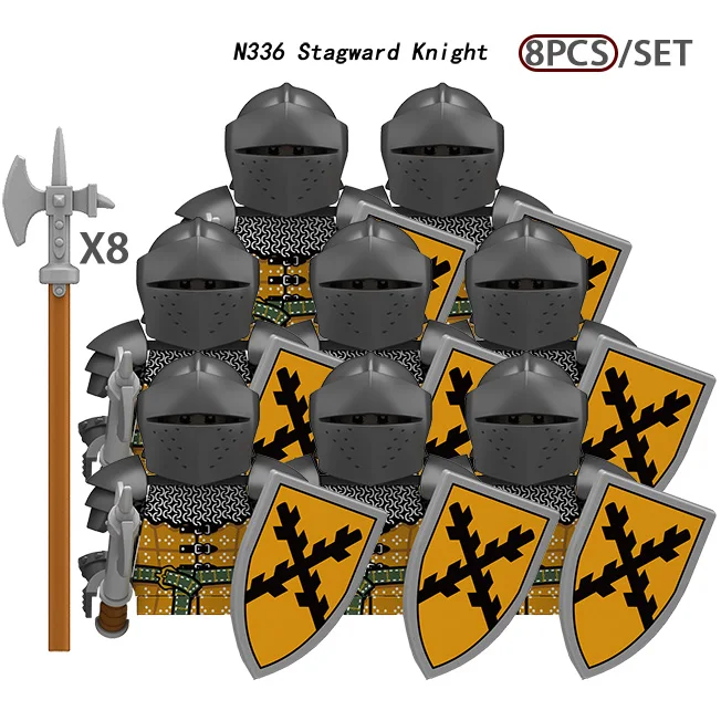 MOC Mittelalterliche Burgturm-Ritterfiguren Bausteine Waffen Schild Schwert Helme Rüstung Weste Hirsch Soldaten Armee Bausteine Spielzeug