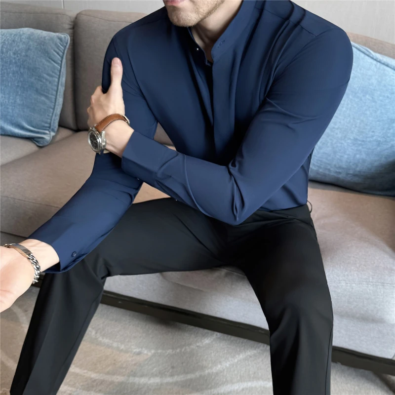 

Ретро формальный воротник-стойка с длинным рукавом мужские классические рубашки модный тонкий однотонный мужской смокинг рубашка брендовая повседневная деловая сорочка Homme