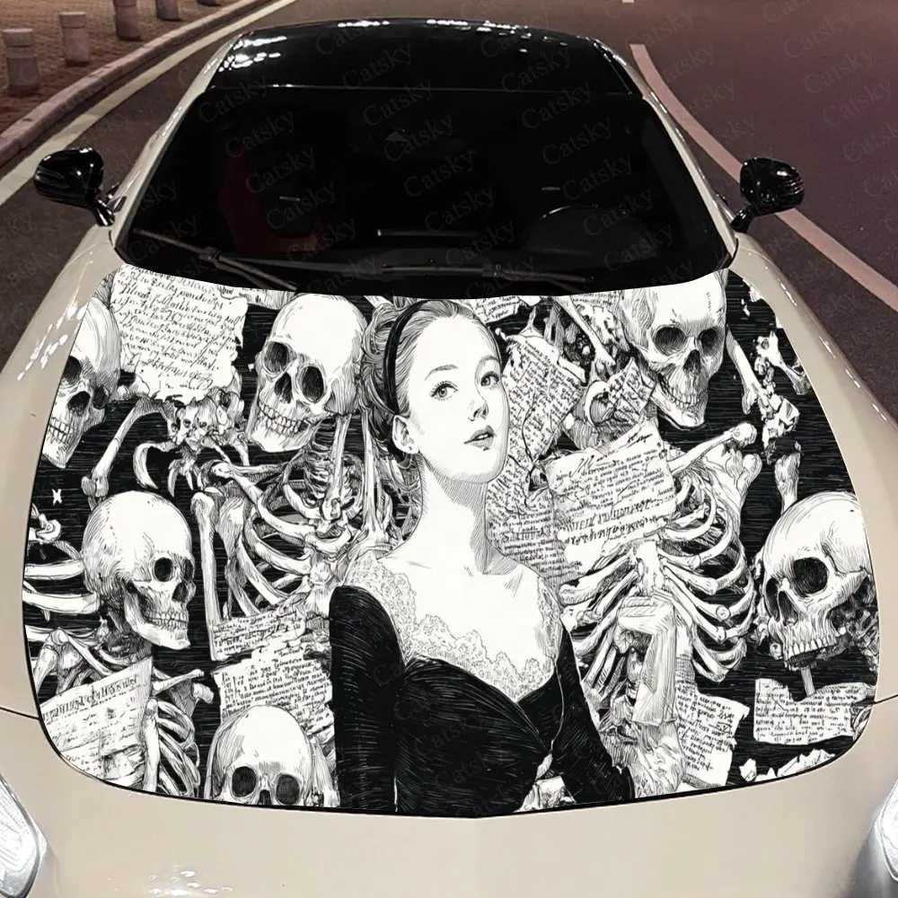 

Девушка с рисунком черепа, наклейка на капот автомобиля, водонепроницаемая самоклеящаяся виниловая графическая наклейка, декоративные наклейки для автоаксессуаров