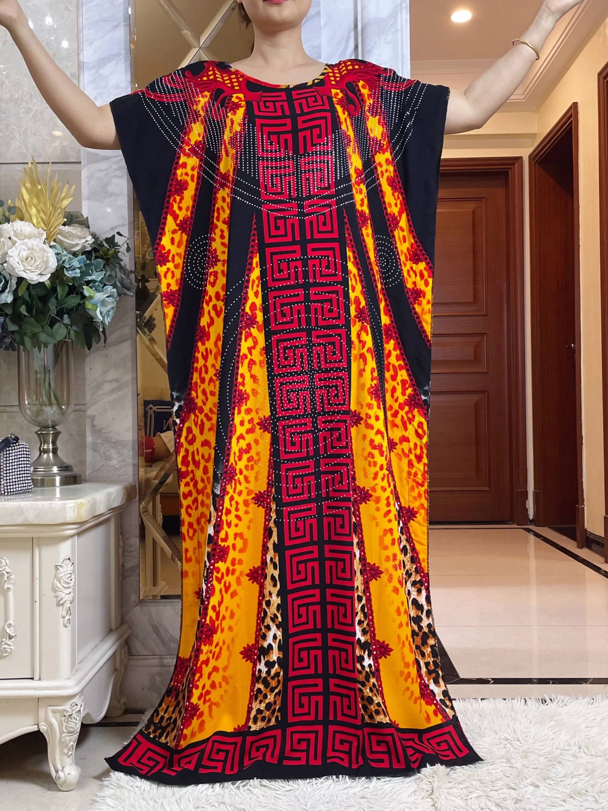 New Summer Short Sleeve Women\'s Dashiki African Traditional Kaftan Cotton Floral Dress Printed Casual Loose Robe With Big Scarf