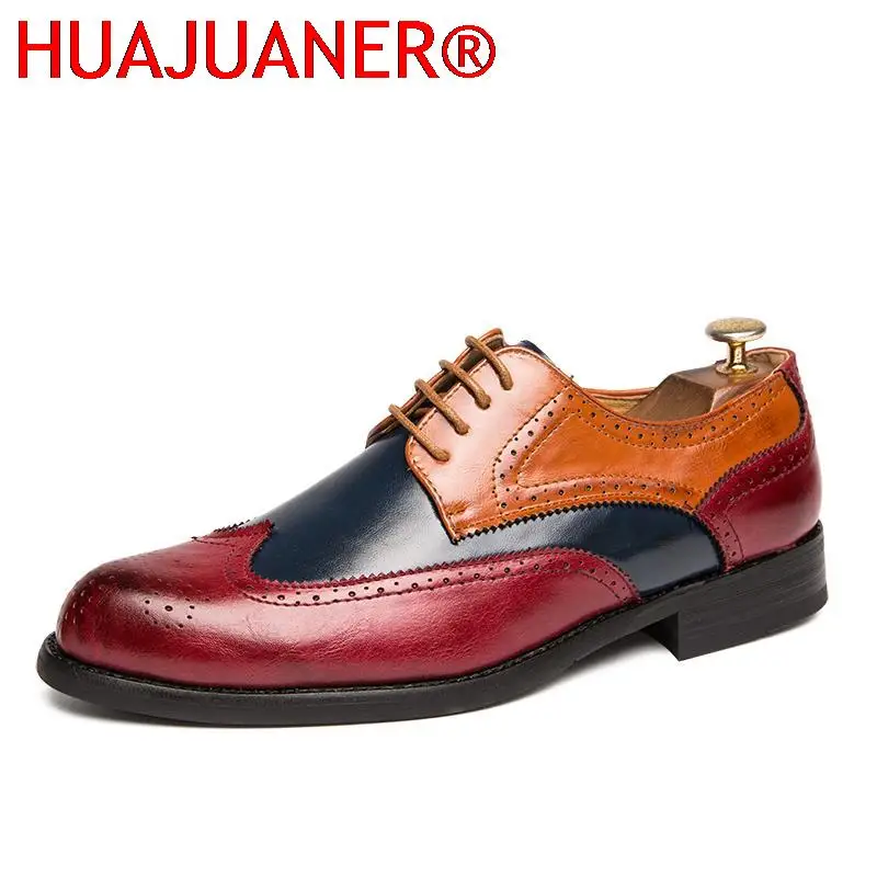 

Men Casual Dress Shoes Fashion Brogue Flats Oxford Leather Formal Shoes Blue Patchwork Color British Style Party Gentleman Shoes