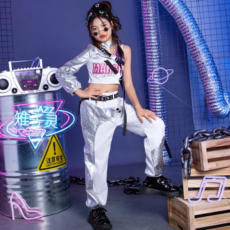 

Silver Hip Hop Clothes Girls Catwalk Show Costume Jazz Dancewear Festival Crop Tops Cargo Pants Street Dance Sets DL10904