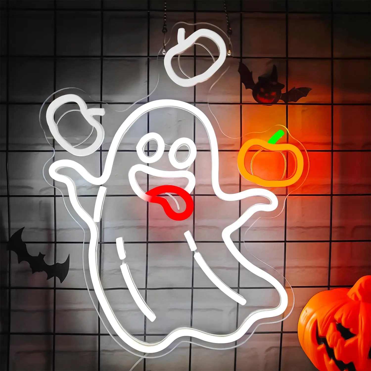 Animated Ghost Pumpkin Neon Sign, Halloween LED Window Light for Horror Party, Bar, Man Cave, Perfect Halloween Wall Decor Light