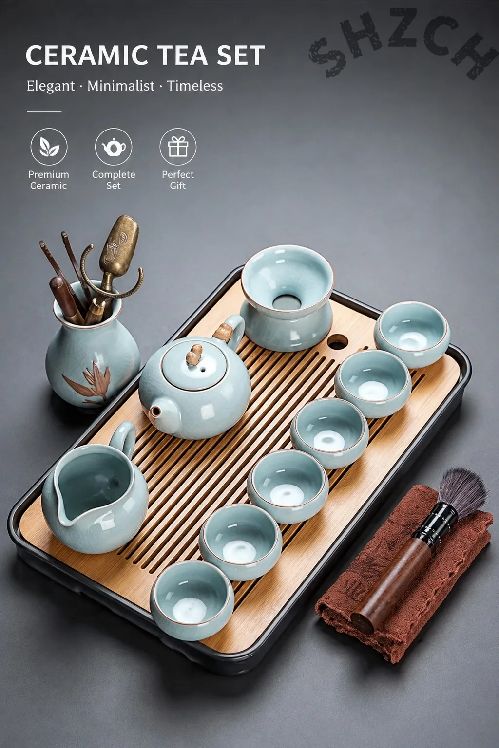 Handmade Ru Kiln-Style Ceramic Tea Set with Craquelure Glaze – Complete Gongfu Brewing Kit for Home and Office