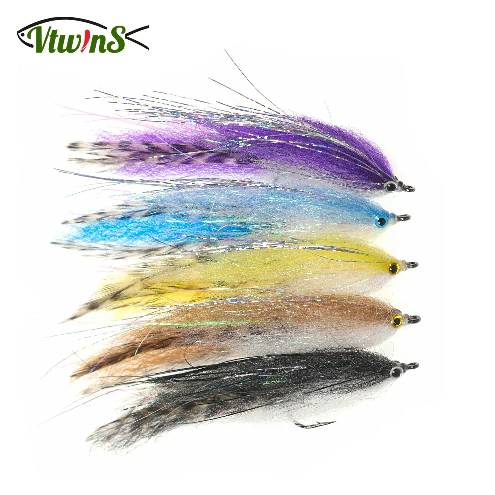 Vtwins 5PCS Saltwater Streamer Fly Grizzly Hackle EP Baitfish Fishing Flies Salmon Bass Pike Trout Fishing Artificial Lure Baits