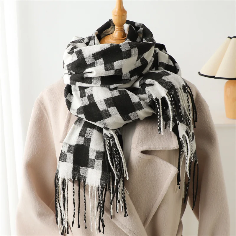 Korean Styles Autumn and Winter Imitation Cashmere Plaid Scarf Fashionable and Simple Warm Scarf Women\'s Tassel Shawl Pashmina