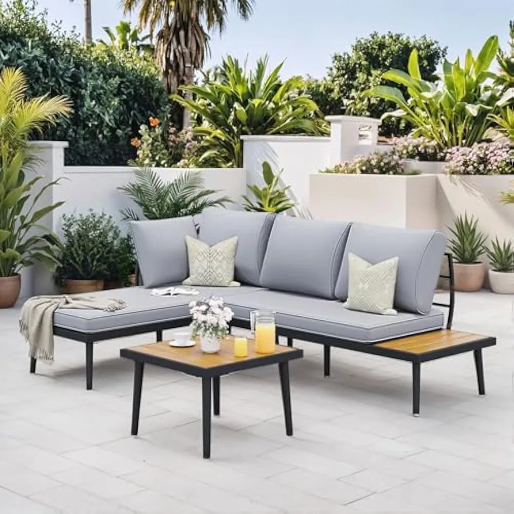 

Outdoor Sectional Sofa Set, L-Shaped Metal Patio Furniture with Cushions and Built-in Side Coffee Table, Garden Furniture Set