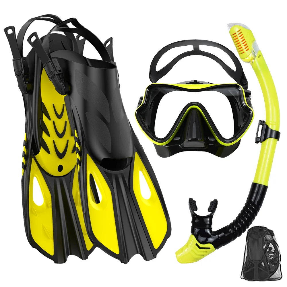 Maskenflossen-Schnorchel-Set, Schnorchelausrüstung für Erwachsene, Panoramablick, Schnorchelmaske, verstellbarer Tauchflipper, Schnorchel- und Reisetasche mit trockenem Oberteil – Detail 11