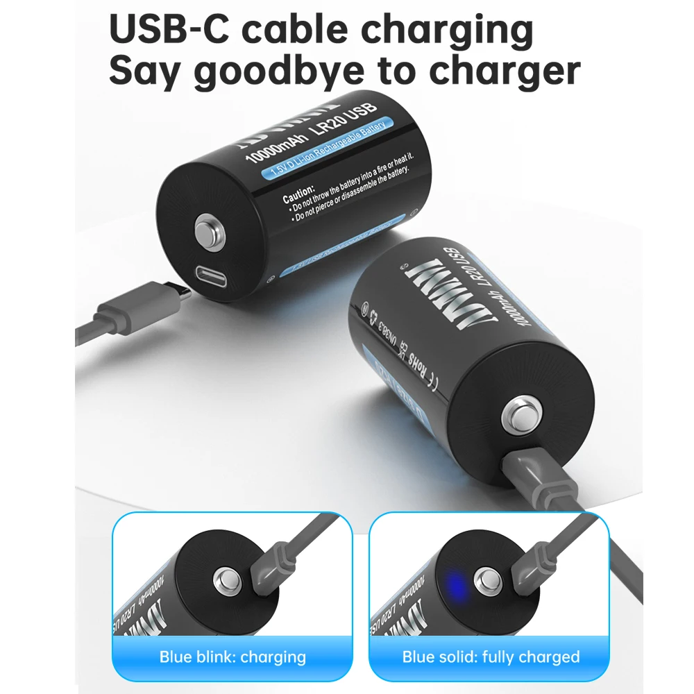 AJNWNM-1.5V D 사이즈 충전식 배터리 유형 D USB 충전 R20 LR20, 리튬 배터리 D 셀 가스 스토브 온수기