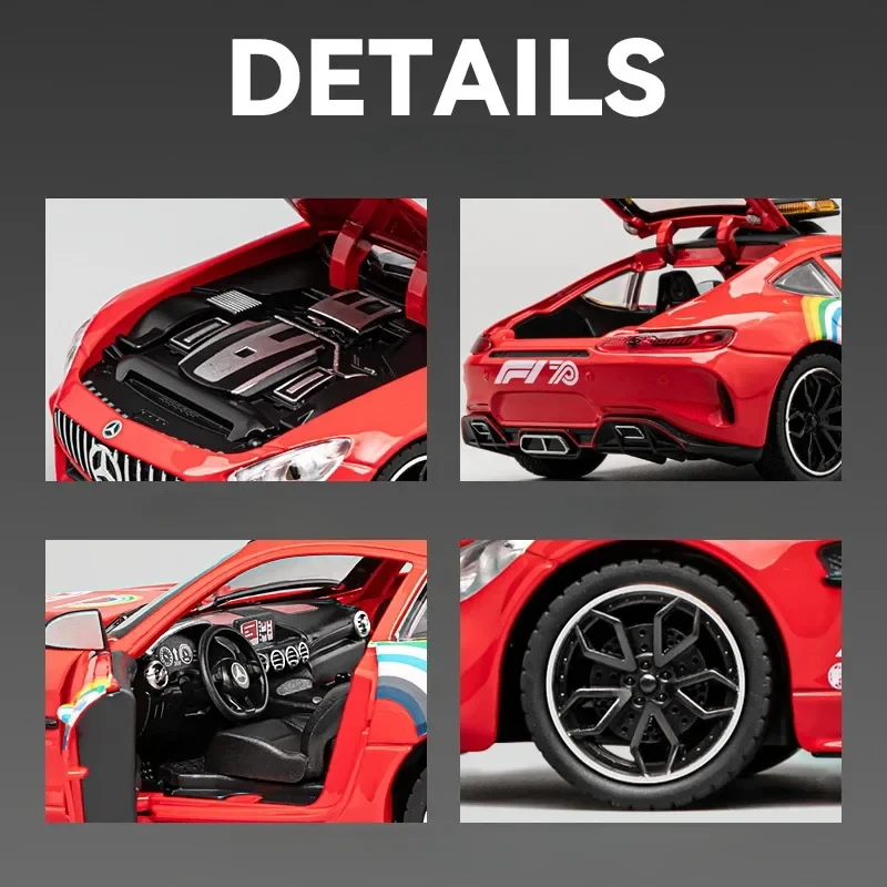 รถโมเดลอัลลอย AMG GT F1 Safety Car ขนาด 1:24 พร้อมเสียงและไฟ ของเล่นรถแบบดึงหลัง ของสะสมสำหรับเด็กผู้ชาย ของตกแต่ง ของขวัญ