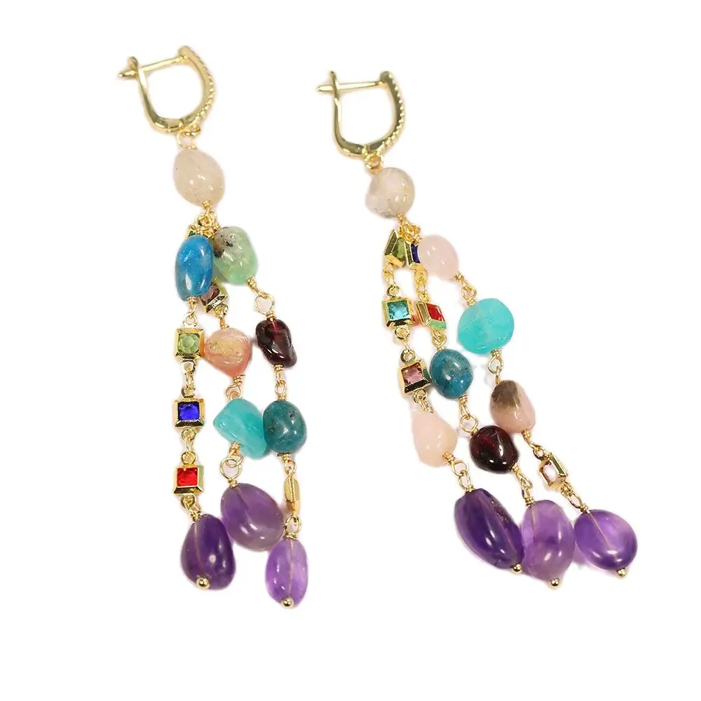 G-G Multi Color Gems Stone Amethyst Nugget Crystal Chain CZ Hook Earrings Holiday Wedding Jewelry Gifts