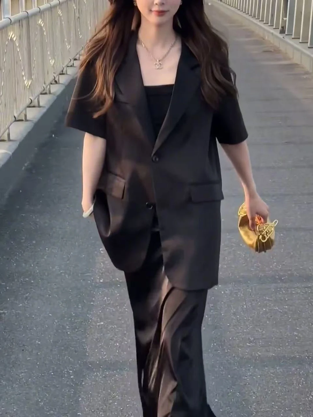 Acetate Satin Short Sleeve Suit Jacket Women's Summer Thin Loose Back Split Luxury Casual Office Wear round Hem Single Button