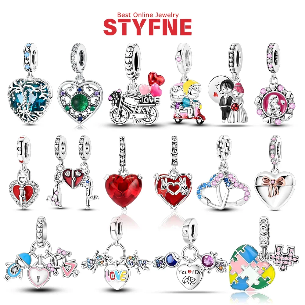 

Charms 925 Silver Colorful Zircon Heart-shaped Bead Sweet Couple Forever Love Mother Pendant Fit Original Bracelets DIY Jewelry