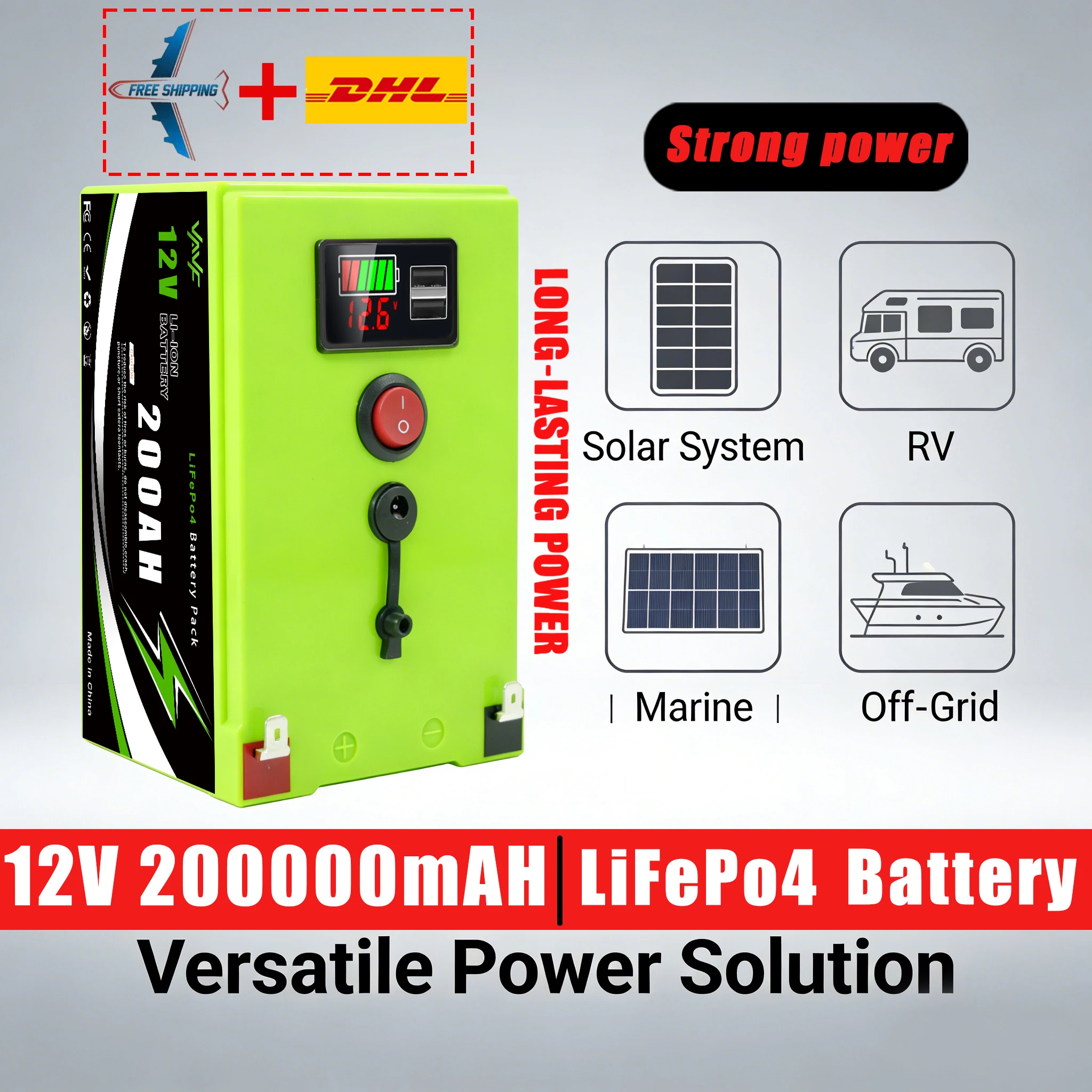 

High Quality LiFePO4 Battery 12V 200Ah Deep Cycle Rechargeable with BMS for Scooters,Solar PowerOff-Grid,Fish Finder