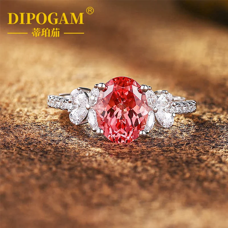 Paparacci 2.8 Carat Cultivated Sapphire Oval Ring for Women Simple Commute Jewelry Elegant Pinkish-Orange Gemstone Ring