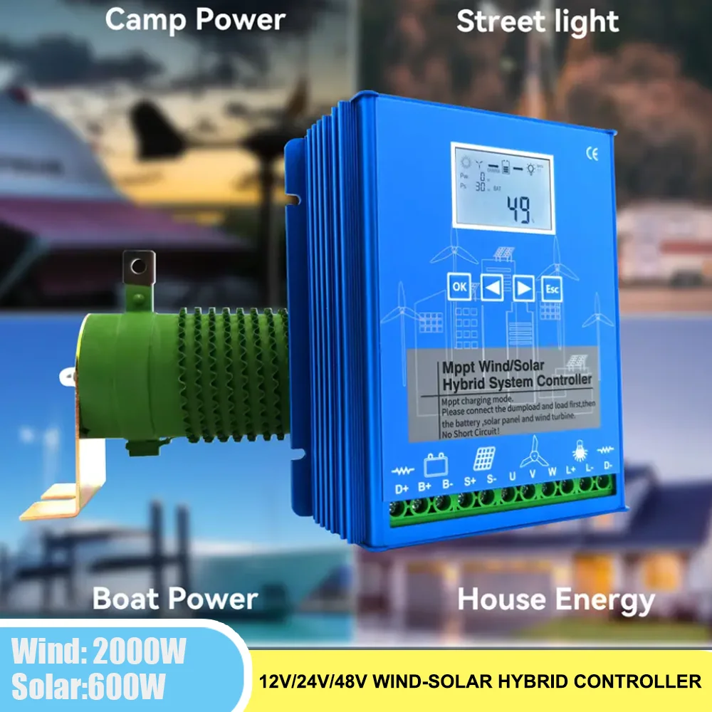 

2000W Wind 600W Solar Hybrid Charge Controller, 12V/24V Auto, LCD Display & Dump Load Protector for Off-Grid System