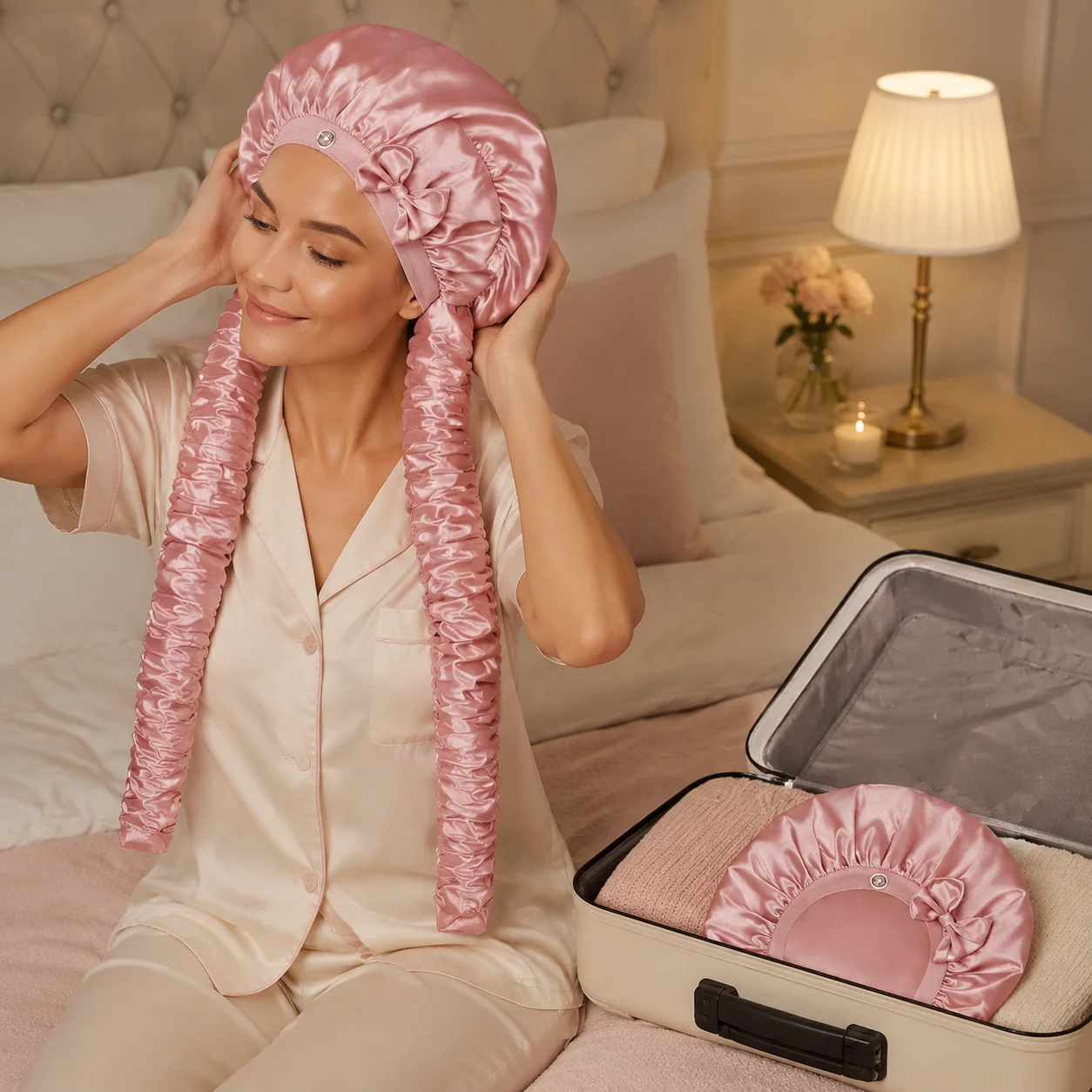 1pcs Women's Satin Long Braid Sleep Cap Lazy Sleep Heatless Curling Wide Brimmed Nightcap Long Hair Overnight Hair Rollers