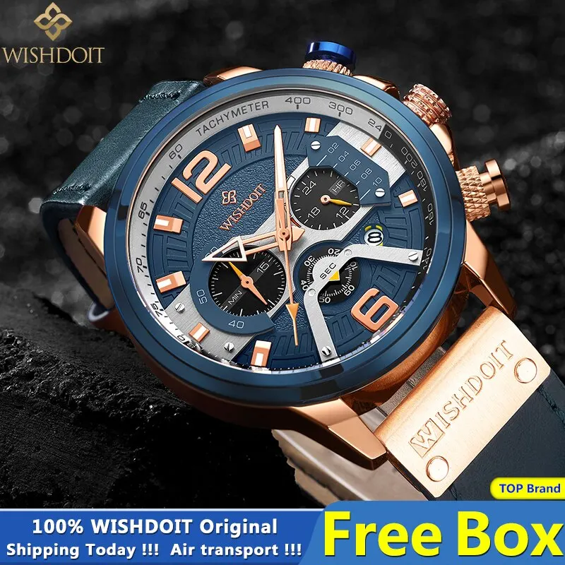 WISHDOIT Original Watch for Men Waterproof Stainless Steel Leather Strap Quartz Fashion Sport Chronograph Wristwatch Top Brand