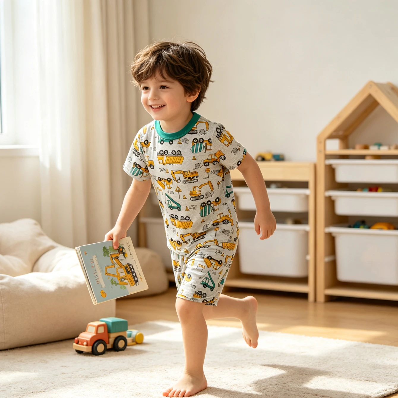 Sommer Neuer Stil Jungen 1-8 Jahre Alt Reine Baumwolle Pyjama Cartoon Baufahrzeug Dünner Kurzarm-Shorts Kinder Hauskleidung Set – Detail 2