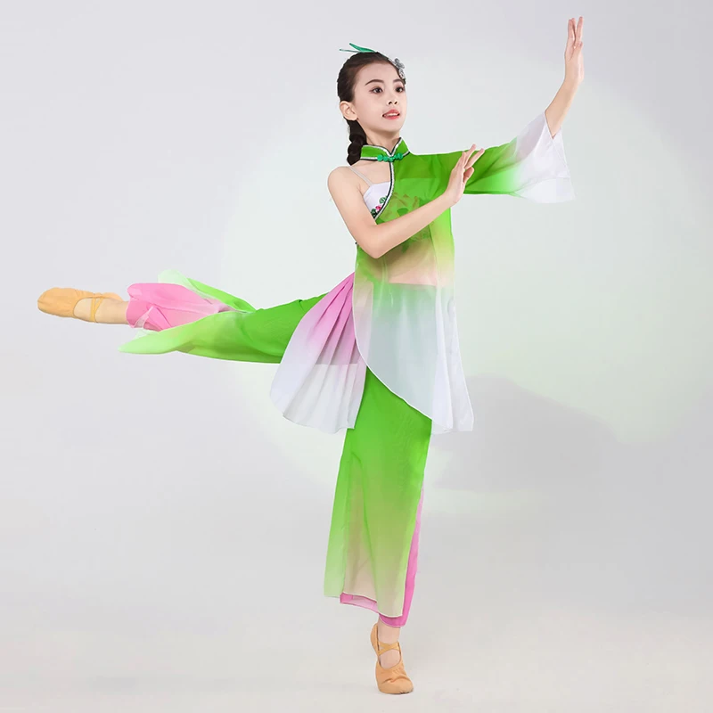 Ropa de danza clásica Yangko para niñas, trajes nacionales Hanfu de danza moderna, abanico de paraguas para niños, ropa Hmong para actuación