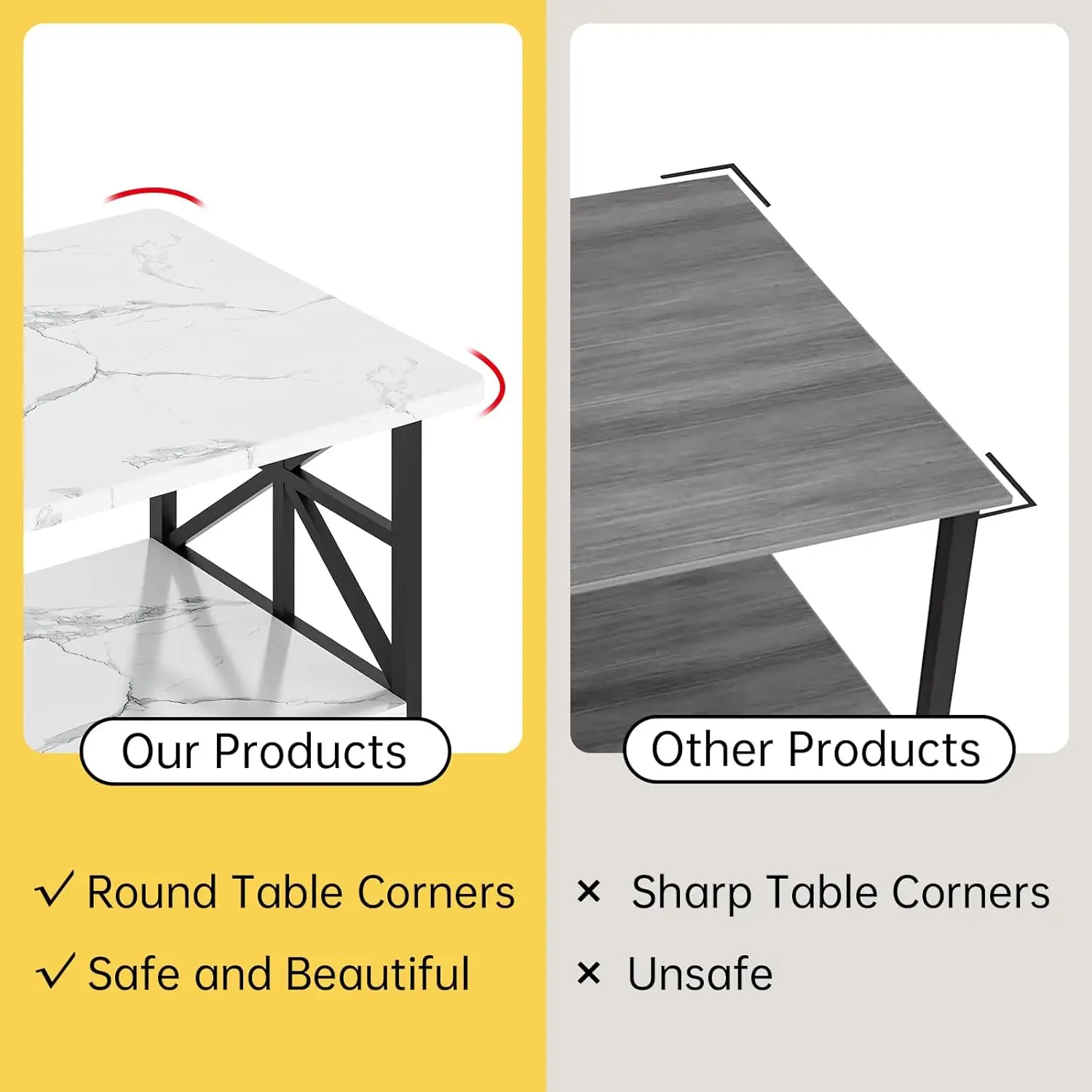طاولة قهوة من الرخام الصناعي لغرفة المعيشة بزوايا مستديرة، طاولة غرفة معيشة من طبقتين مع رف تخزين، طاولة قهوة مستطيلة