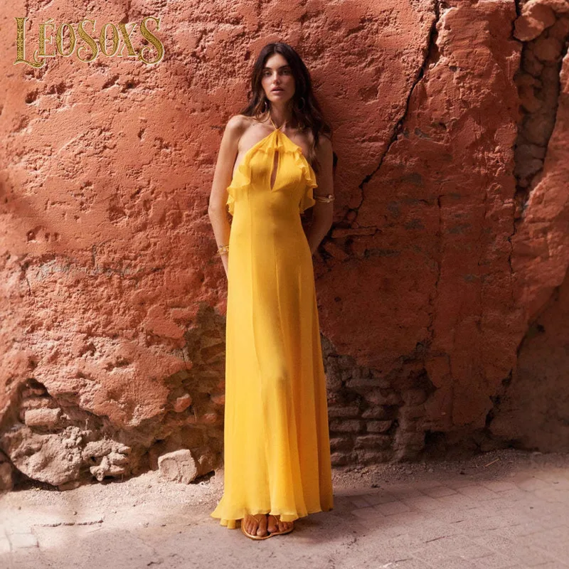 

LEOSOXS 2025, женское новое сексуальное сетчатое желтое платье знаменитостей с лямкой на шее и оборками, элегантный вечерний клубный наряд для вечеринки
