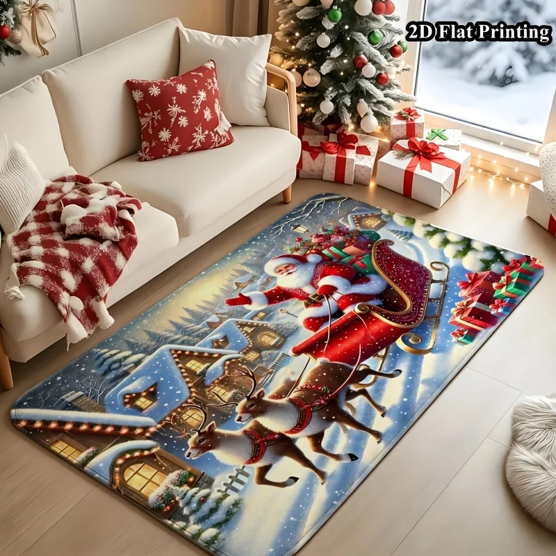 1pc 2D Flat Christmas Rug, Santa Sleigh Reindeer Winter Village Print, Machine Washable, Soft, for Entryway, Living Room,Bedroom