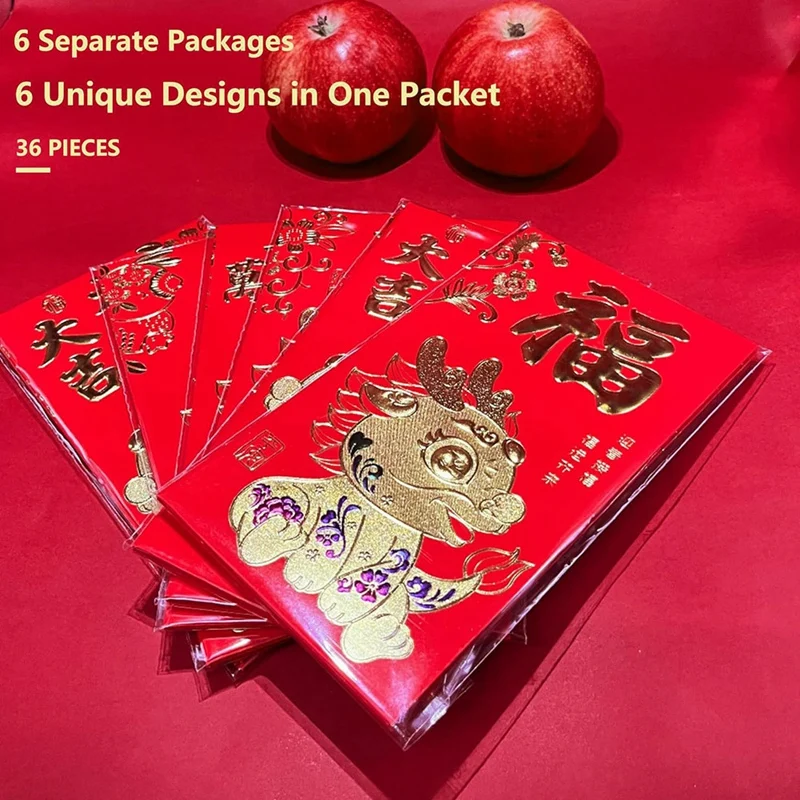 36 Stück chinesische rote Umschläge 6,5 neues Jahr, chinesische Umschläge für Geld 3,5 Drachen Mond Neujahr, 6 Designs, x Zoll