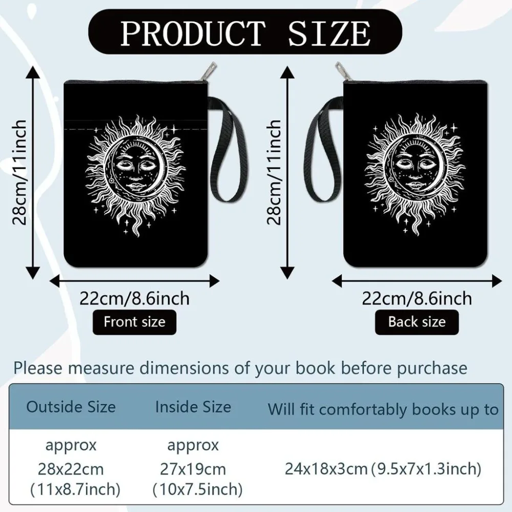 Sun Book Covers Black Book Sleeve Moon Book Protector for Paperbacks Washable Fabric Cloth Book Cover with Zipper and Sleeve