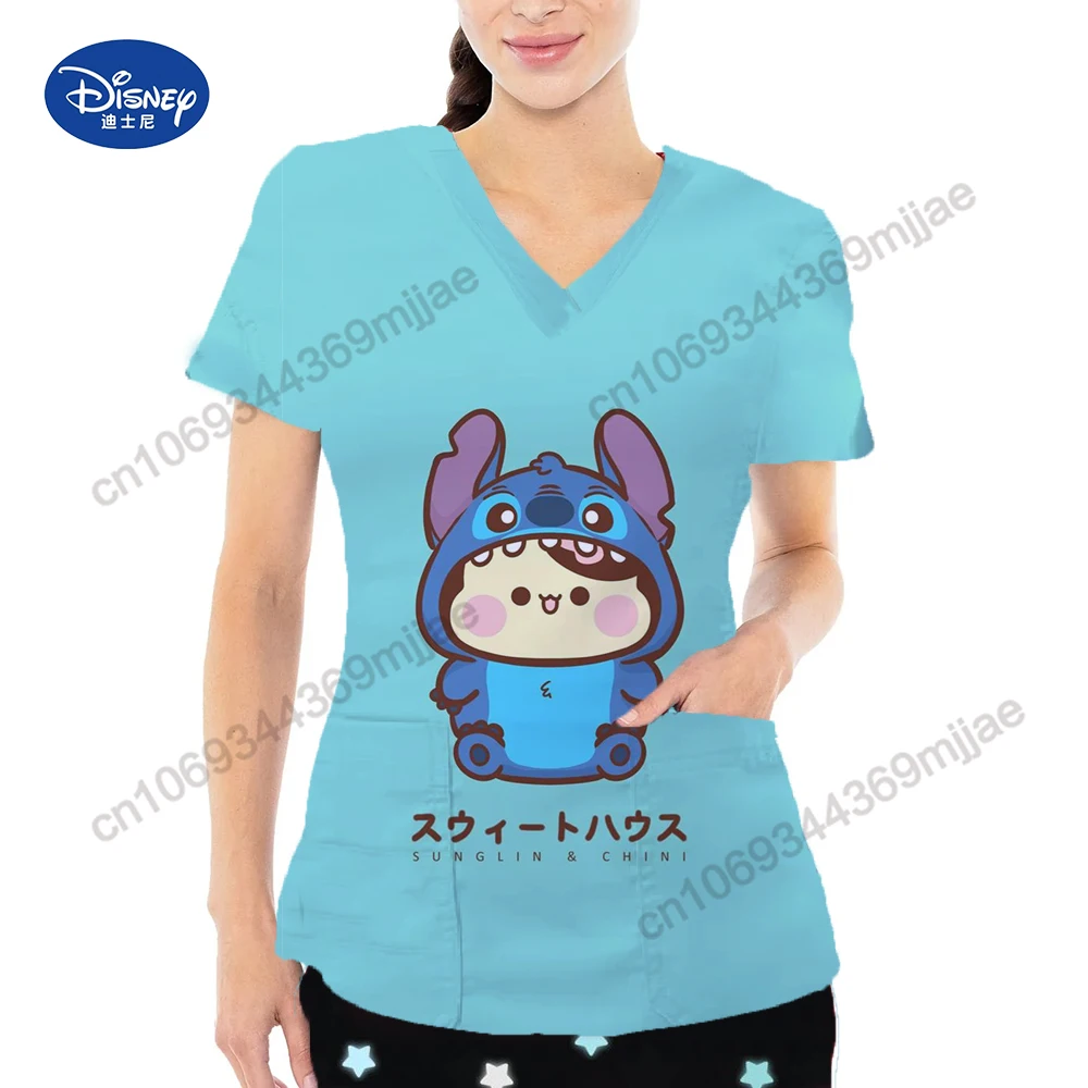 2024 New Cartoon Pattern Double Pocket V-Neck Design Y2k Style T-Shirts Aesthetic Clothing Comfortable Woman T-shirts for Women