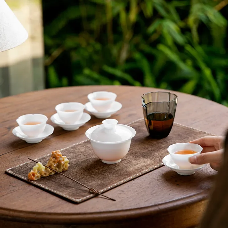 Portable Ceramic Travel Tea Set with Gaiwan and Coaster Outdoor Jade Mud Style Kung Fu Tea Cup Kit for Camping Hiking Picnic