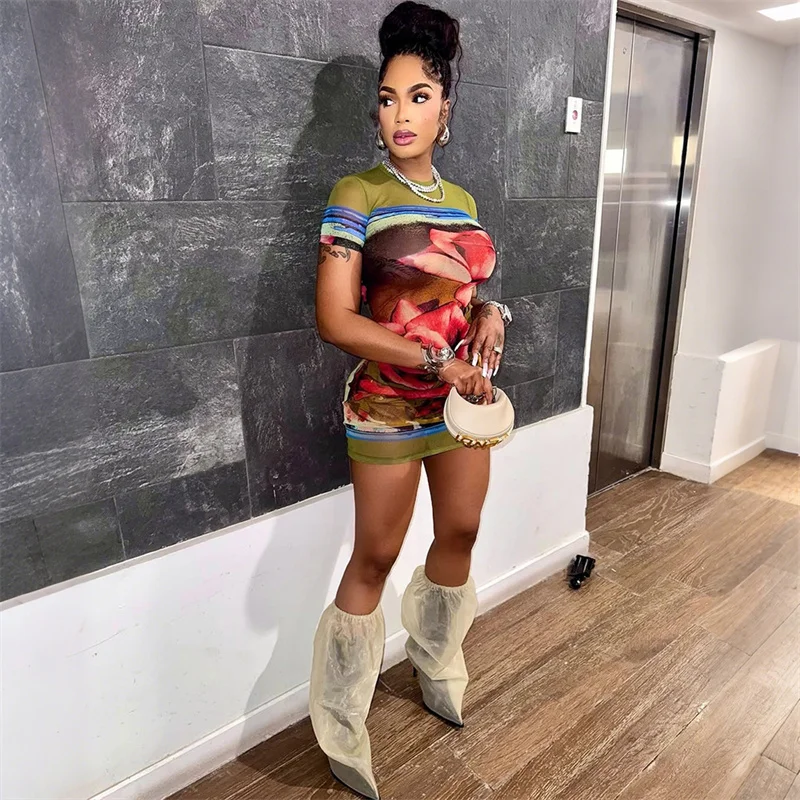 Women 2025 Summer Floral Print Sheer Mesh Sexy Mini Party Dress Short Sleeve O Neck Perspective Night Club Dress Ladies Clothing