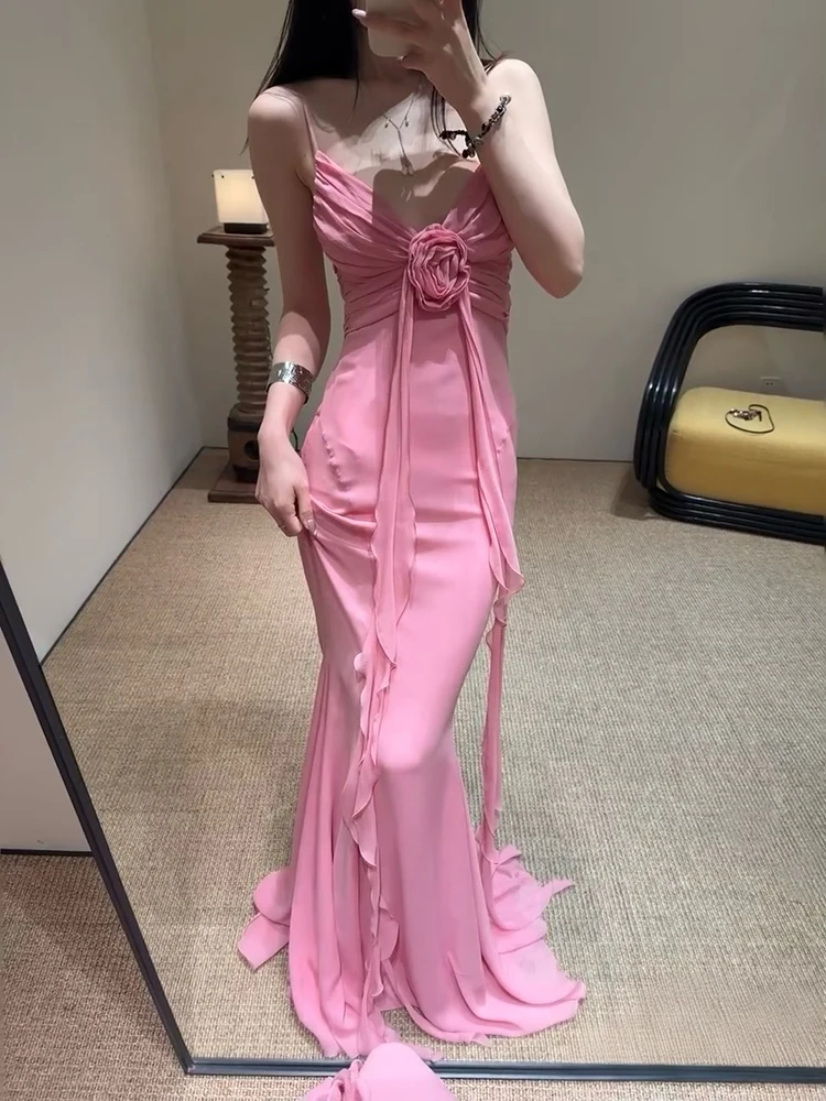

Sexy Rose Pink Deep v-neck Halter Dress Stereoscopic Flower Vacation Style Hanging Long Women's Dresses 2025 Summer New