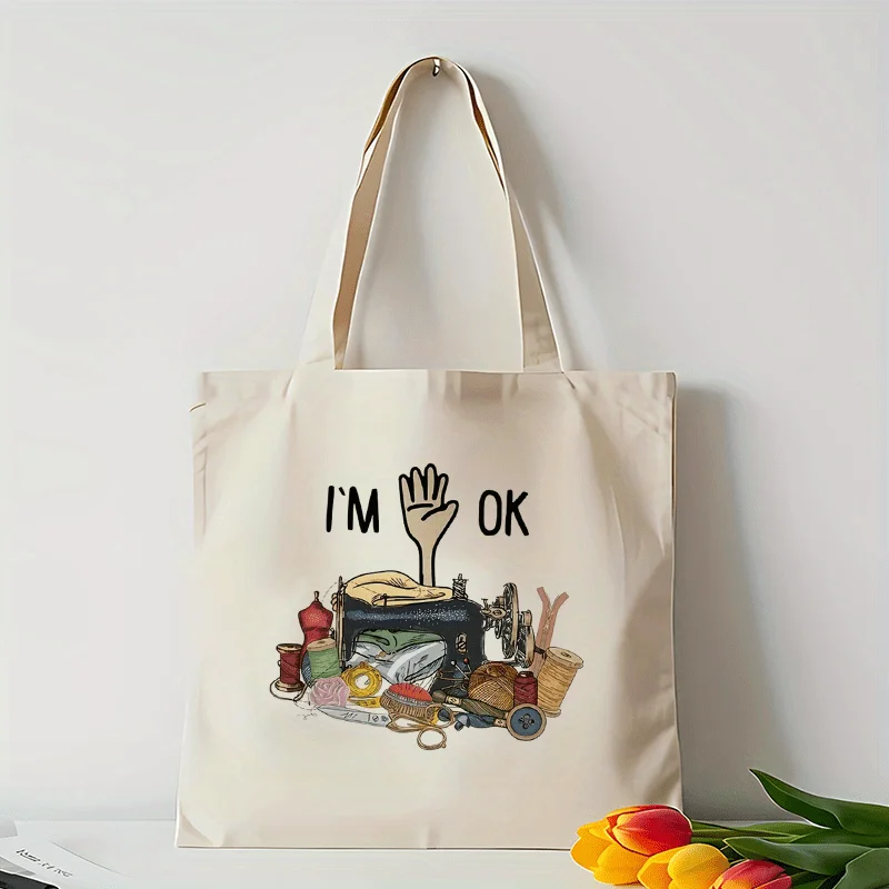 

"I'M Fine" Sewing Theme Tote Bag - Sturdy Polyester Canvas Square Bag Featuring a Colorful Sewing Tools Design, Great Present fo