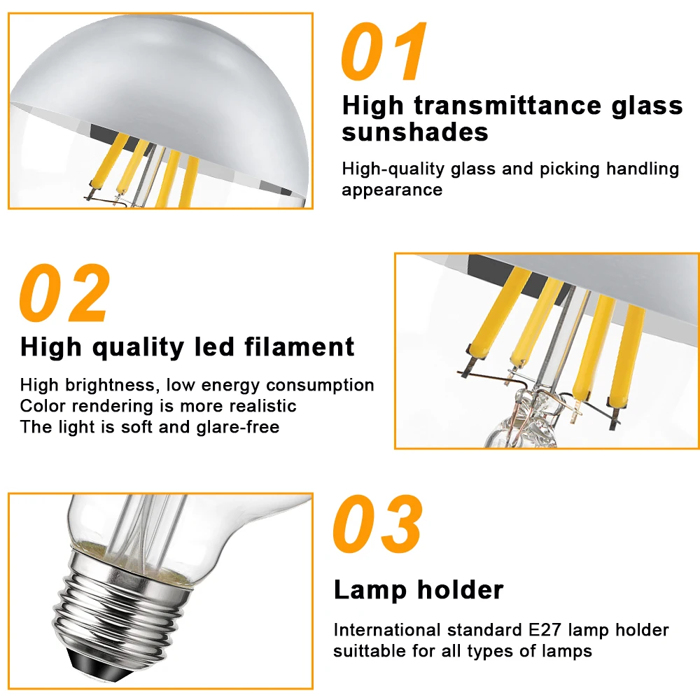 E27 Mirror Silver Retro Edison LED Light Bulb G80 7W 220V Vintage Filament LED Lamp 1050LM High Lumen 2700K Warm White Lighting