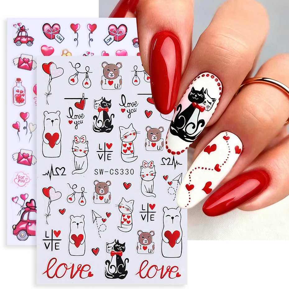 2 stücke Valentinstag Nagel Aufkleber Nette Katze Liebe Herz Ballon Bär Brief Auto Klebstoff Nagel Aufkleber Maniküre Dekor Zubehör