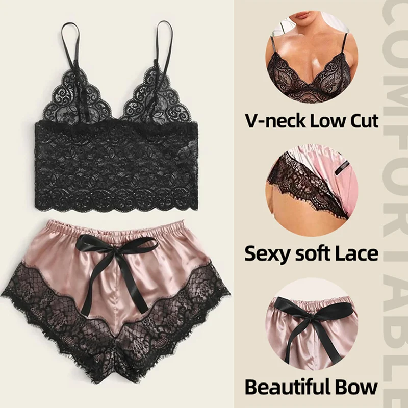 Conjunto de pijama de renda sexy feminino, 2 peças, bralette transparente, top e shorts, roupa de dormir respirável, plus size, lingerie de verão