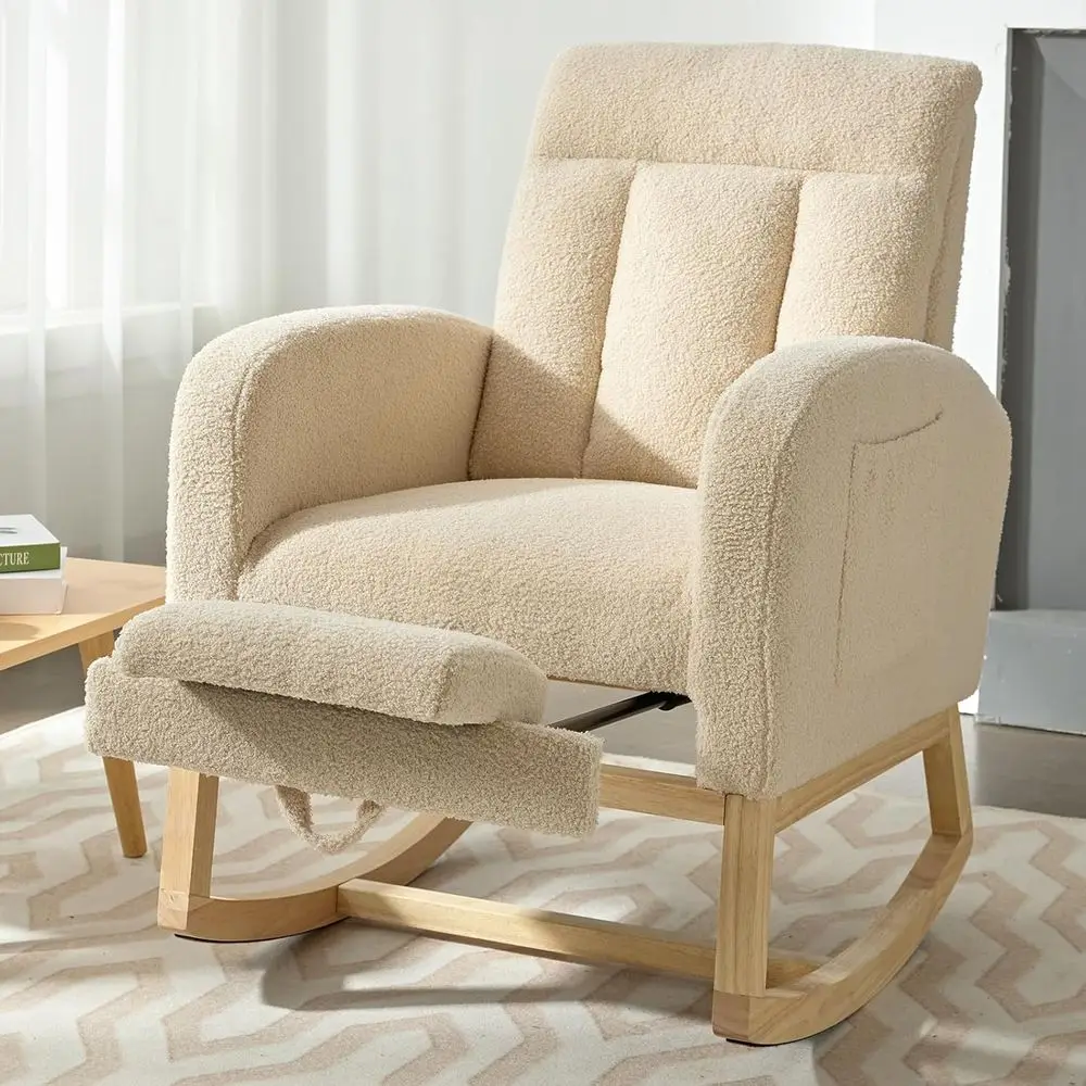

Upholstered Teddy Bear Rocking Chair with Ottoman, Comfortable Glider for Living Spaces and Nurseries (Beige)
