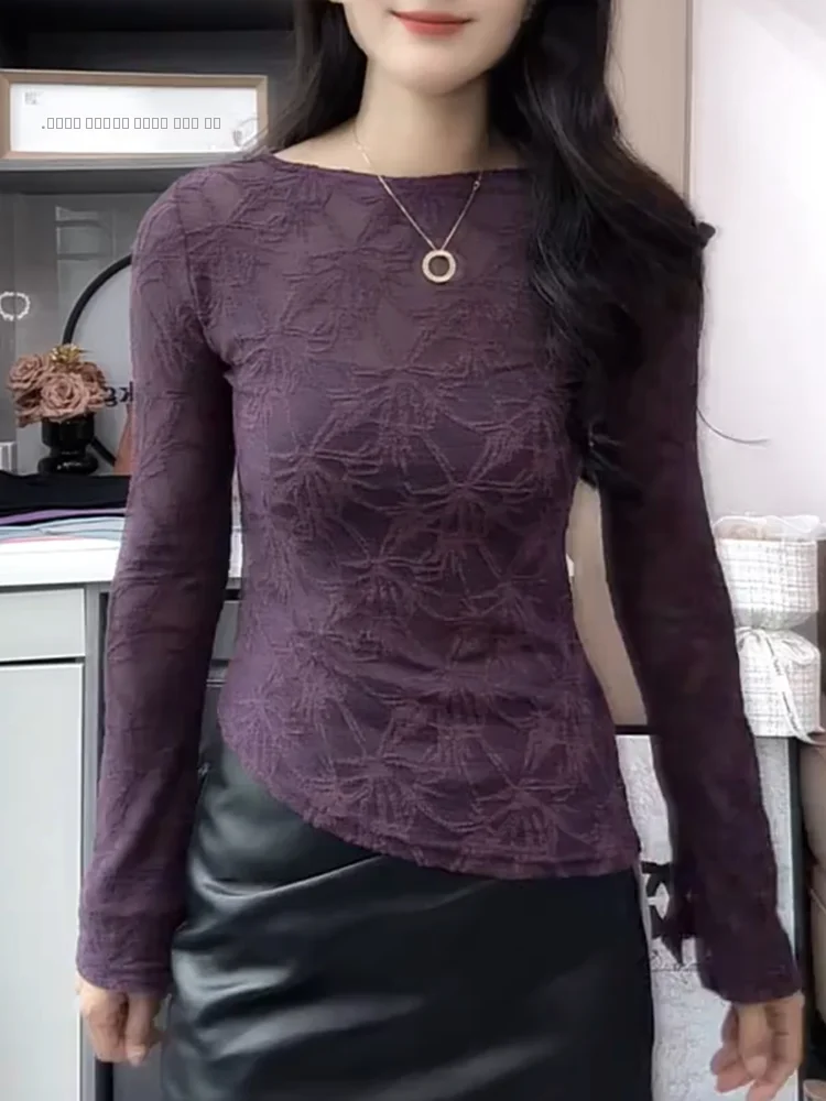 

Новый универсальный модный топ с кружевной вышивкой и круглым вырезом больших размеров, осень 2025