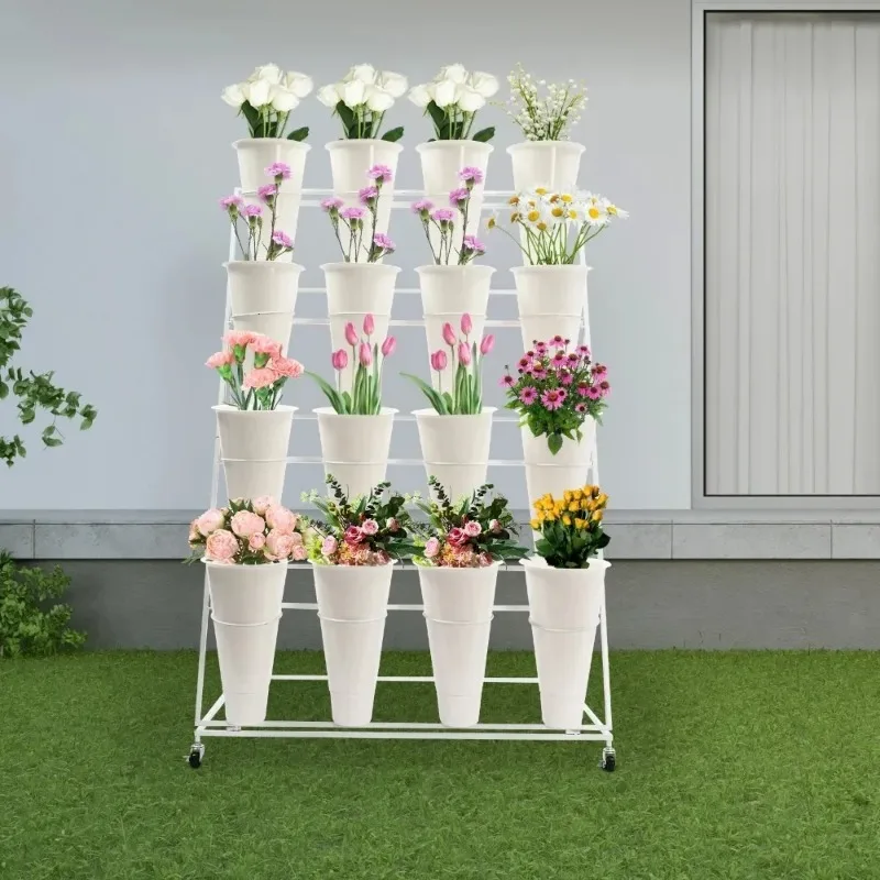 White Flower Display Stand with 16 Buckets 4 Tier Metal Florist Shelf Plant Cart Floral Stand Flower Holder on Wheels