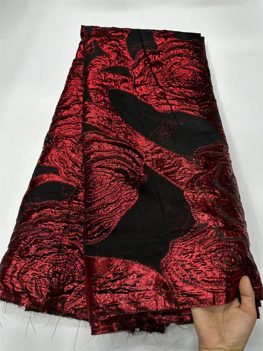 

Red African Jacquard Organza Fabric Nigerian Brocade Damask French Net Tulle Mesh Lace Material Brocard Tissu 5 Yards CJ10