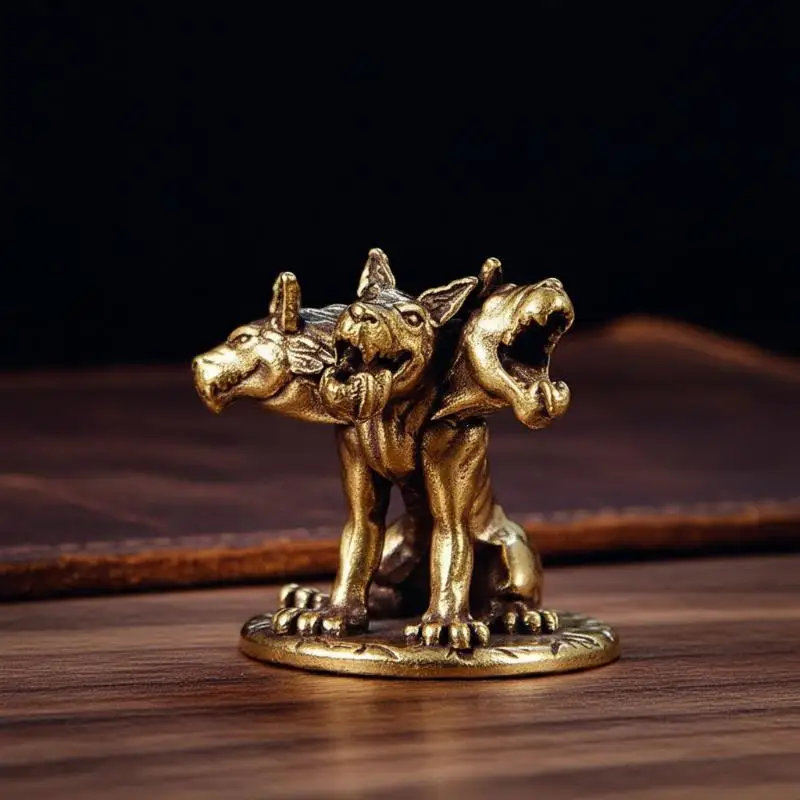 Three Headed Wolf Miniatures Figurines Brass: Mythology Animal Small Statue Desktop Ornaments Crafts