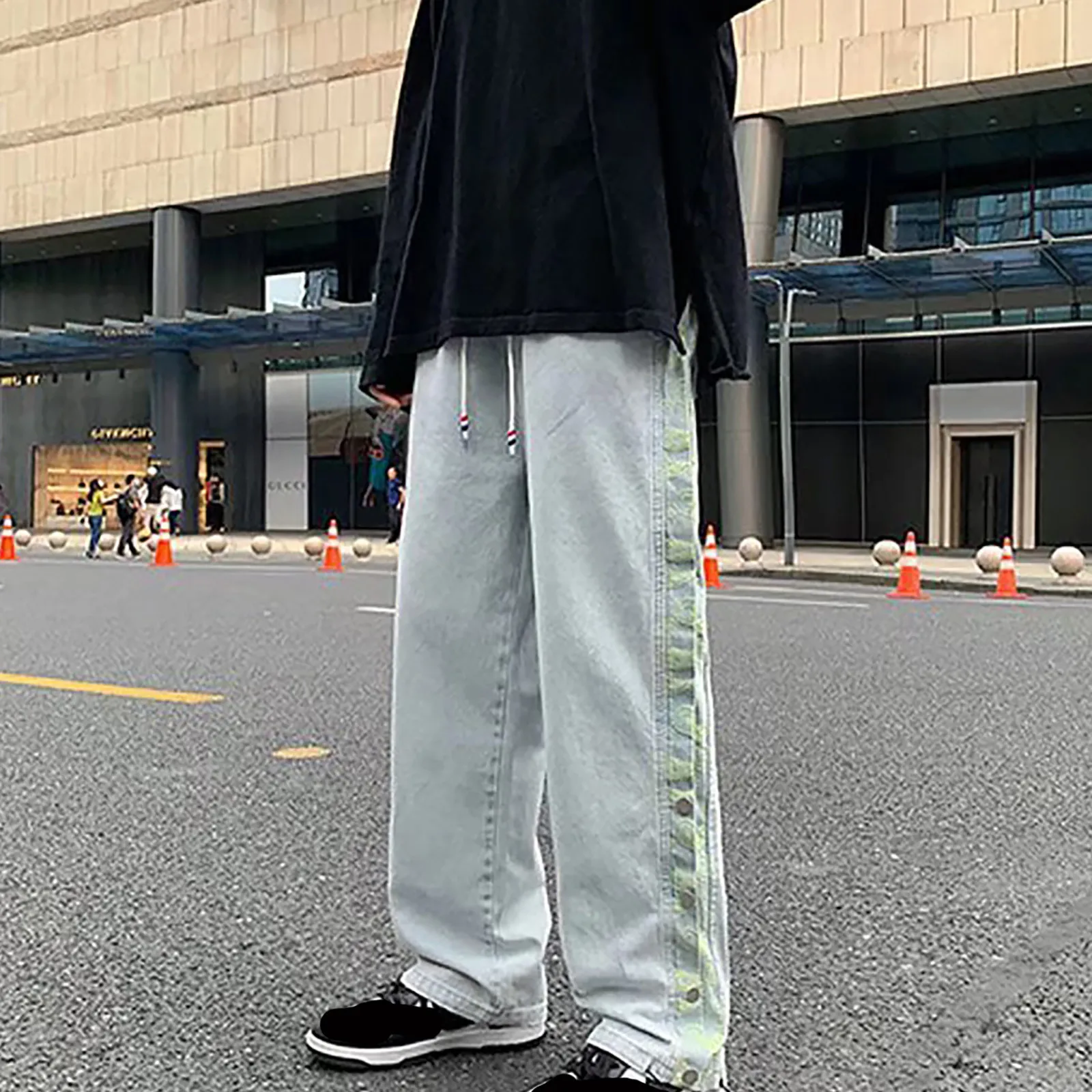 

Men's Casual Jeans American Grunge High Street Pants Men Jeans Lace Up Waisted Solid Denim Trousers Wide Leg Straight Leg Pants