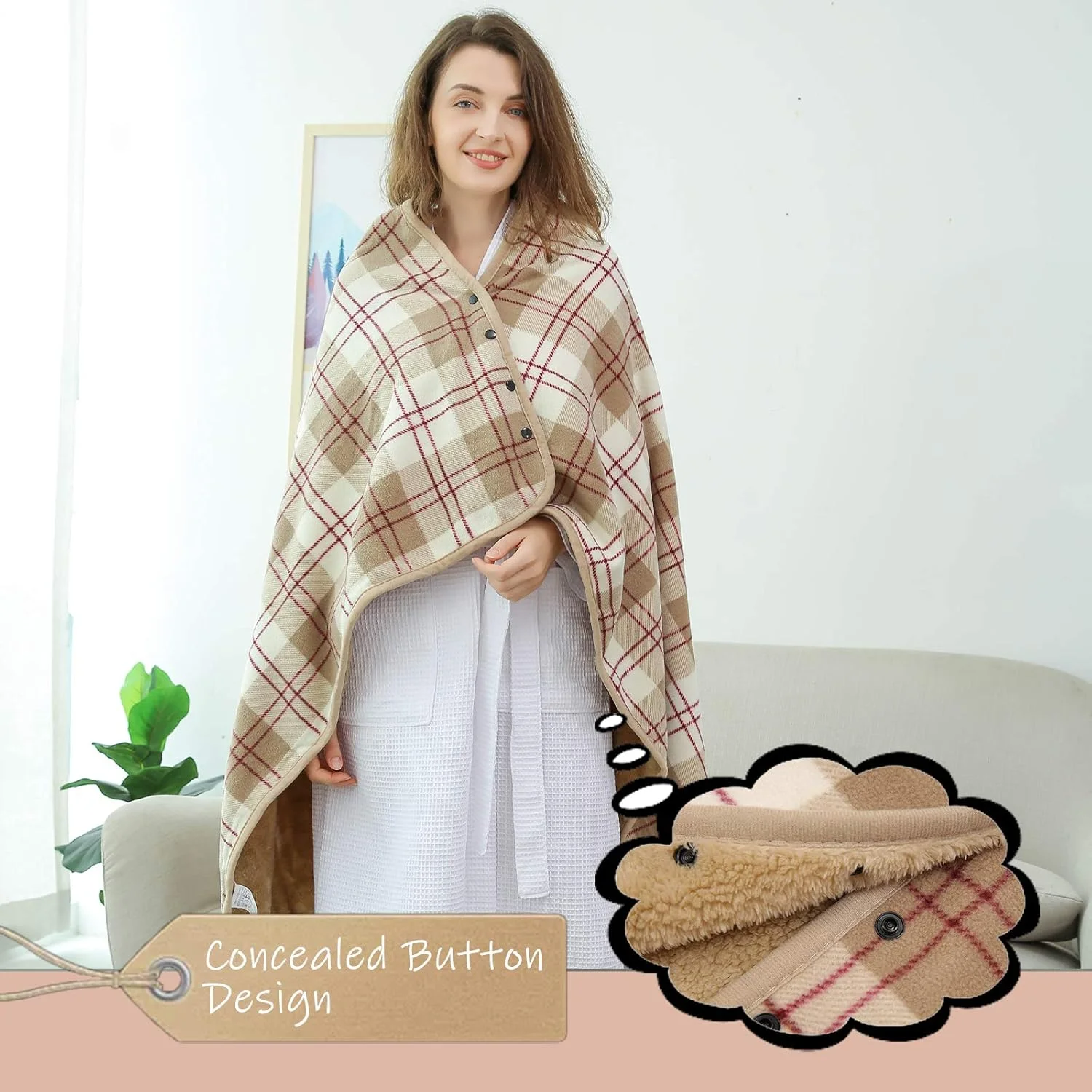 YE CHUAN Fleece Wearable Blanket,  Poncho Throw with Buttons, Plush Sleeveless Blankets, for Women Cape Wrap Cover