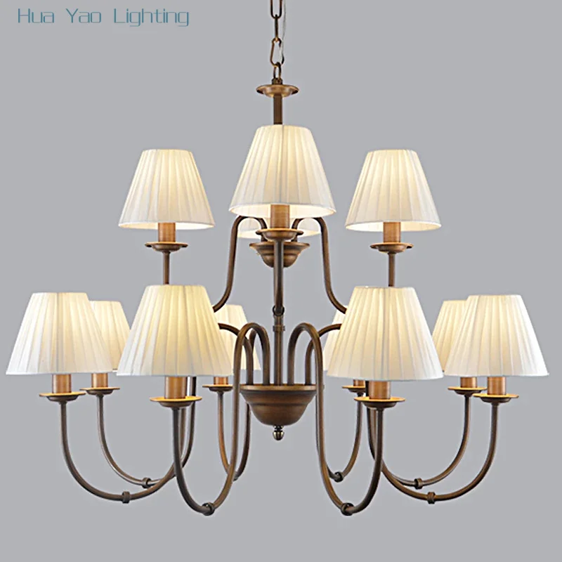 

European and American country chandelier classic wrought iron living room bedroom lamp dining room fabric lampshade candelier