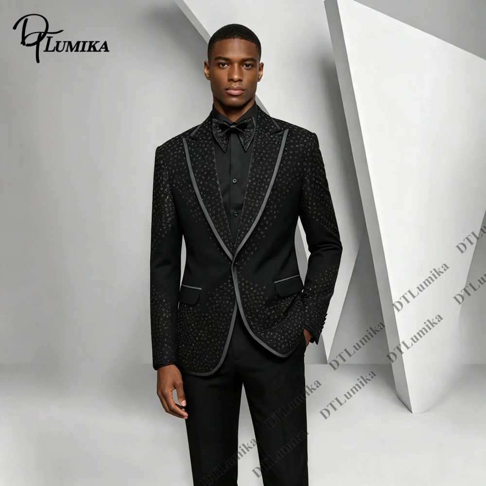 Full Embellished Formal Groom Suit For Wedding Party Prom Rhinestone Tuxedo 2 Piece Men Suit Thin Edge Shawl Lapel Blazer Pants