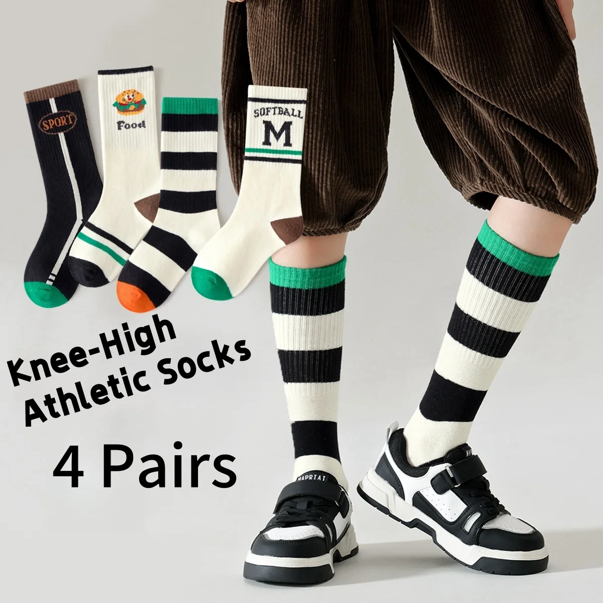 4 Pairs Long Socks Children's Spring Newest  Knee Socks Cotton Striped Sporty Socks Boys Girls Skating Athletic Socks