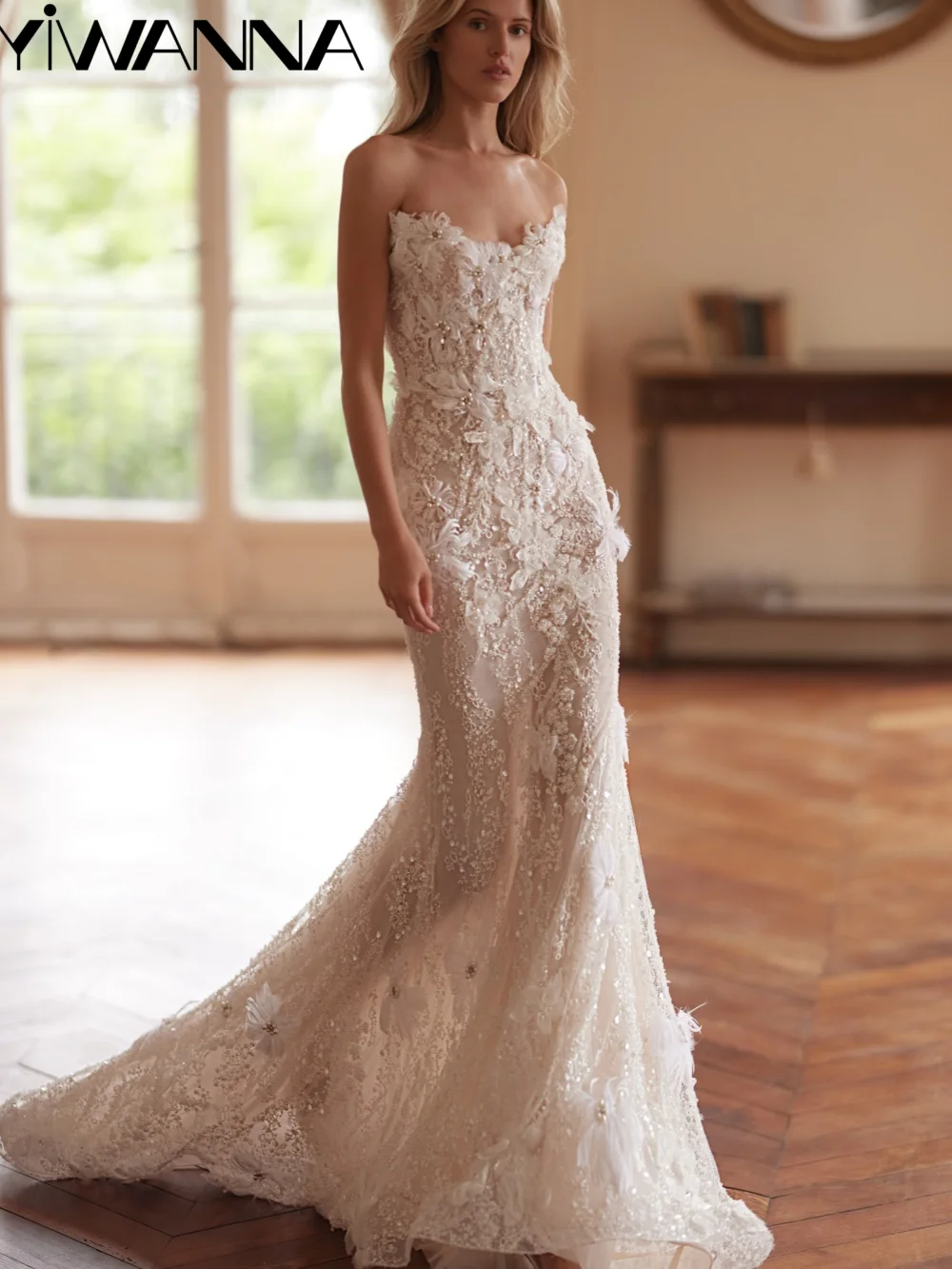 

New Handmade 3D Floral Long Wedding Dress Exquisite Beaded Mermaid Bridal Gown Customized Elegant Strapless Dresses For Bride