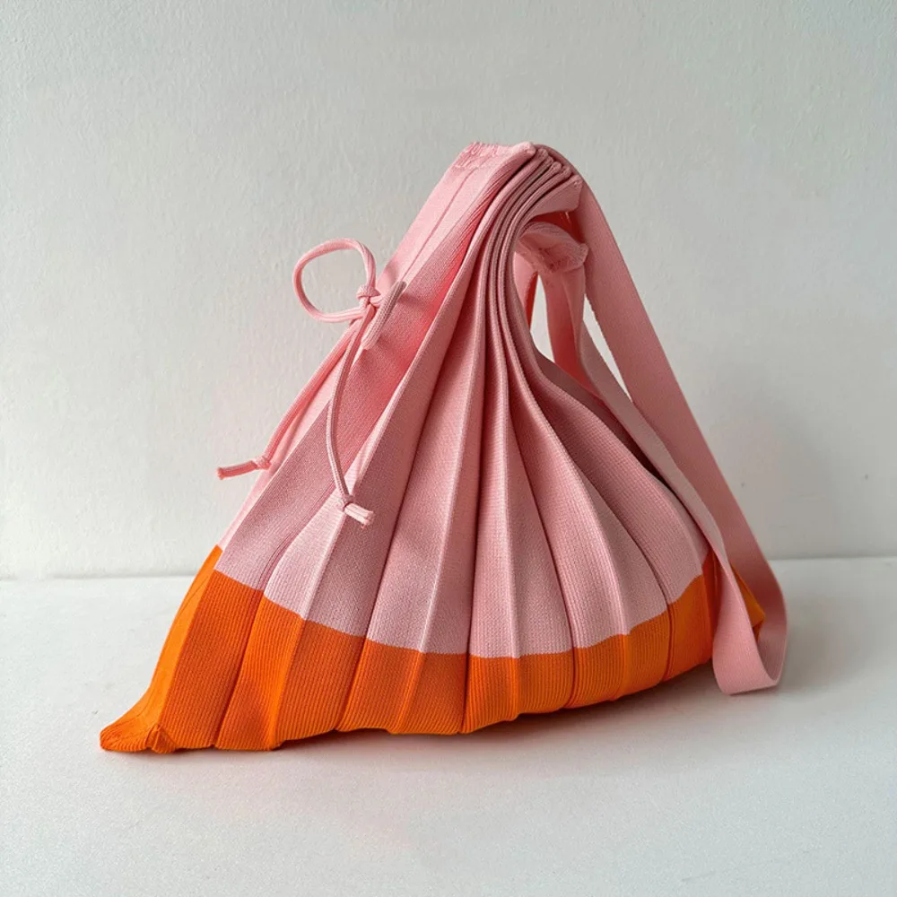 Handbag Knit Folding Shopping Bag Large Capacity Shoulder Pouch Foldable Eco Bag Eco-Friendly Contrast Color Pleated Bag Outdoor
