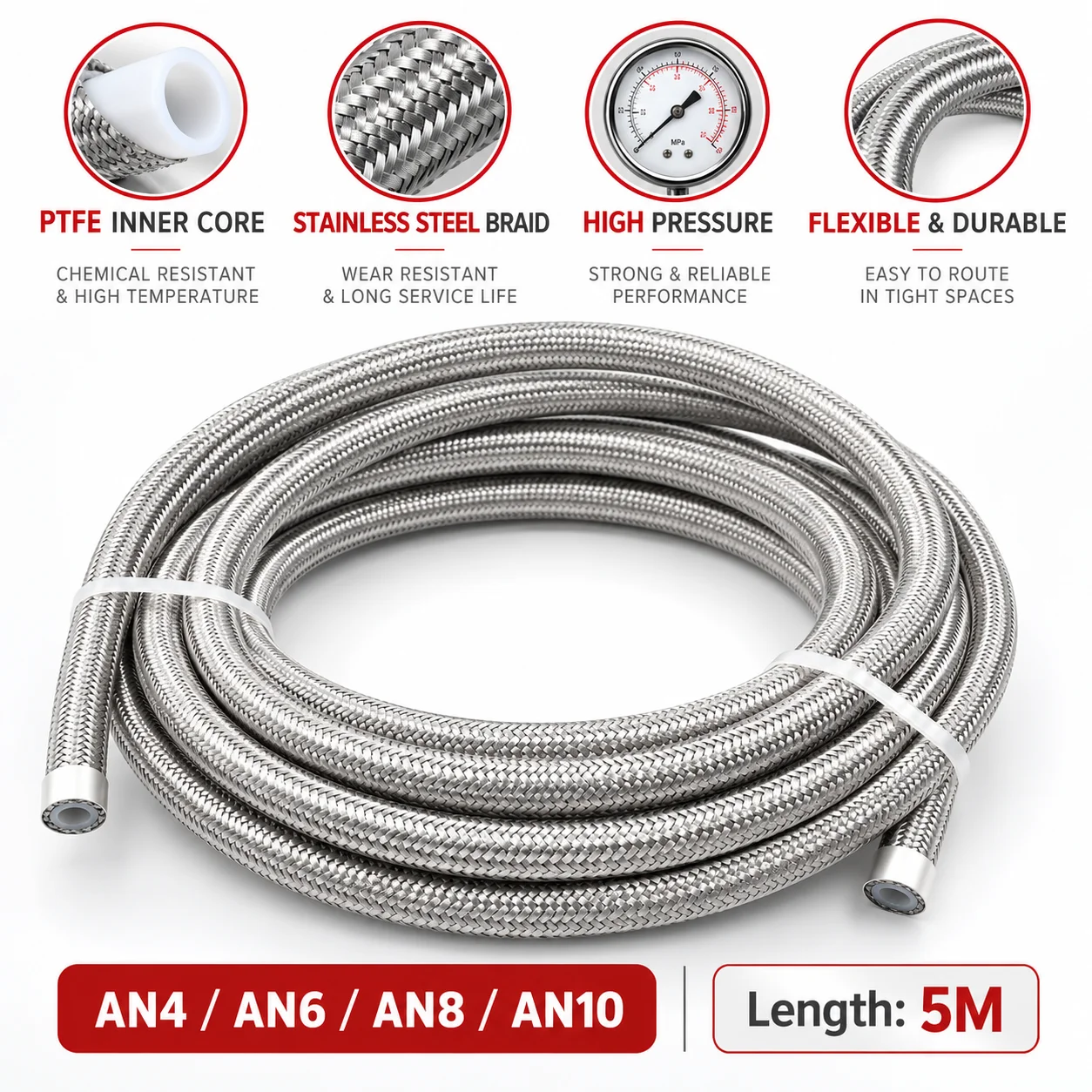 5M AN4 AN6 AN8 AN10 Racing Hose 304 Stainless Steel Braided PTFE Brake Hose Fuel Oil Line Oil Cooler Hose Pipe
